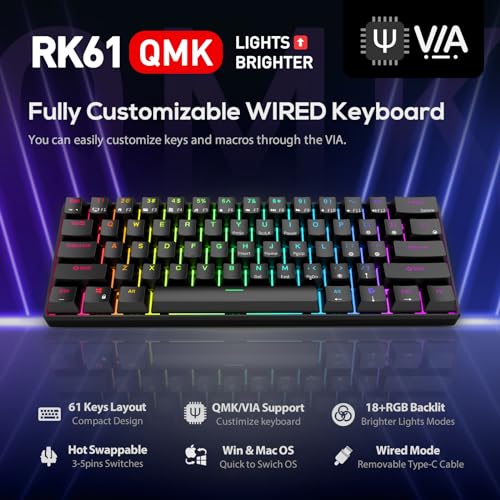 RK Royal Kludge - RK61 Wired 60% Mechanical Gaming Keyboard, RGB Backlit, Hot Swappable