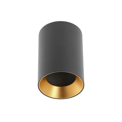 A modern black aluminium ceiling light fixture with a built-in GU10 socket and gold reflector, designed for indoor use and easy installation.