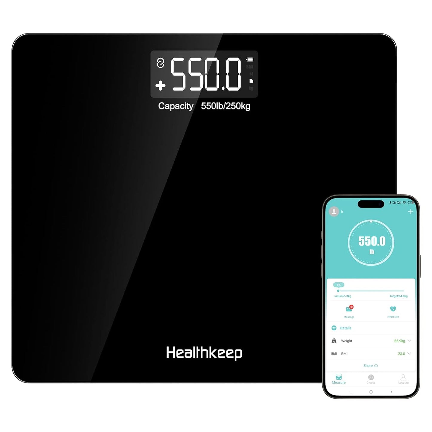 Black digital weight scale with LCD display, designed for adults; features include body mass index tracking, high capacity up to 550 lbs, durable tempered glass platform, non-slip surface, and Bluetooth connectivity for app integration.