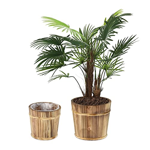 Set of two round wooden planters in natural finish with diameters of 24 cm and 19 cm suitable for indoor and outdoor use designed to resemble wooden barrels