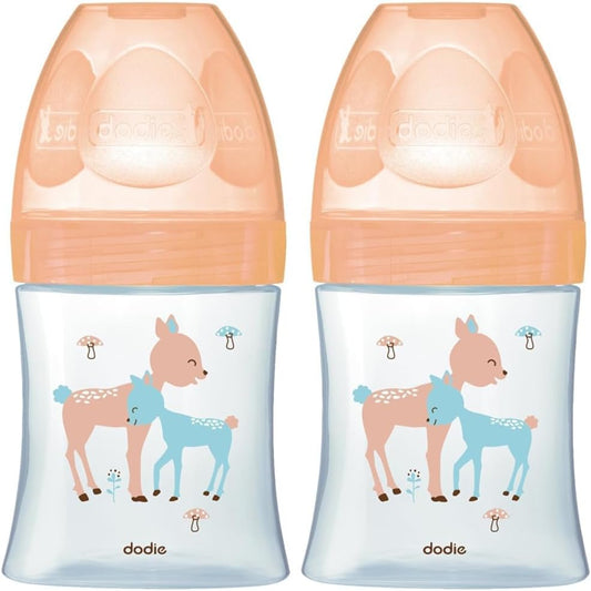 Dodie - Anti-Colic Glass Bottle, Beige, 150Ml, 0-6 Months, Flat Nipple, 2-Pack