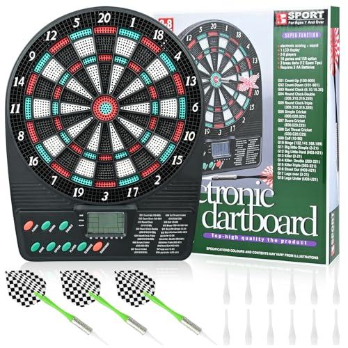 Electronic dartboard set featuring a compact design with an LCD display, includes three darts and twelve replacement dart heads, suitable for one to eight players, measuring 26 centimeters, battery not included.