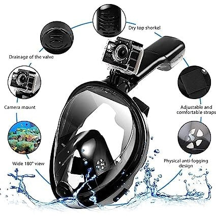 Vbm - Full Face Snorkel Mask With Safe Breathing Dry Top, 180° Panoramic View, Anti-Fog, Leak-Proof, Camera Holder