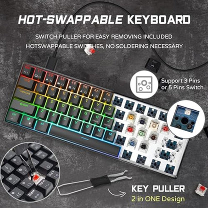 RK Royal Kludge - RK61 Wired 60% Mechanical Gaming Keyboard, RGB Backlit, Hot Swappable