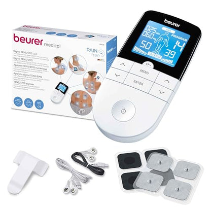 Handy electrical stimulation device with 2 separately adjustable channels and 4 adhesive electrodes for TENS, EMS, and massage applications; provides medication-free pain relief through transcutaneous electrical nerve stimulation with pre-programmed and customizable applications.