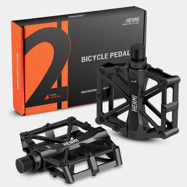 High-performance HENMI bike pedals made of aluminum alloy, featuring 8 anti-slip spikes for a secure grip, built-in lubricated bearings for smooth operation, and a wide platform (90mm x 87mm) for efficient riding; designed to fit most bikes with standard 9/16-inch threads.