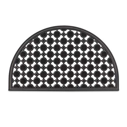 Semi-circular black rubber doormat designed for non-slip and weather-resistant use in various outdoor settings such as hallways, balconies, terraces, and porches, measuring 45 by 75 by 1 centimeters.