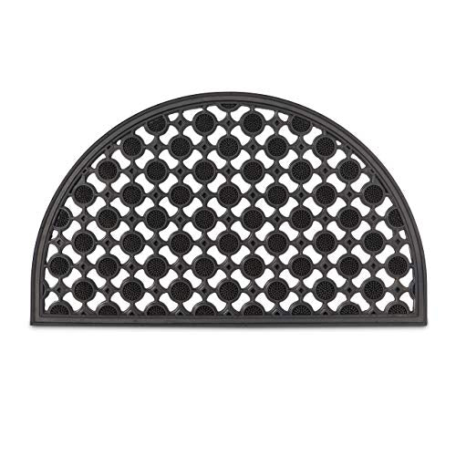 Semi-circular black rubber doormat designed for non-slip and weather-resistant use in various outdoor settings such as hallways, balconies, terraces, and porches, measuring 45 by 75 by 1 centimeters.