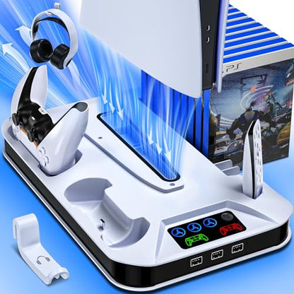 Cooling station for PS5 and PS5 Slim featuring a controller charging station, designed for both standard disc and digital consoles, includes a cooling fan, three USB hubs, a headset holder, and screws for assembly.