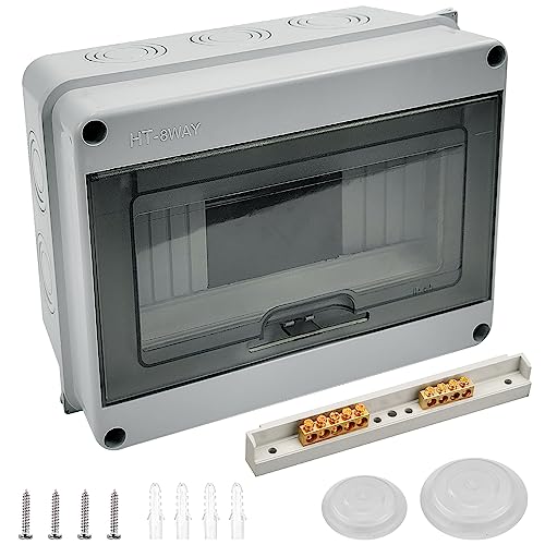 8 way consumer unit with DIN rail design, featuring terminals and a waterproof IP65 electrical enclosure, equipped with a transparent window for visibility of circuit breakers.