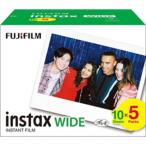 INSTAX Wide film pack containing 5 rolls, each with 10 shots, designed for use with all INSTAX WIDE cameras and Link WIDE smartphone printers.