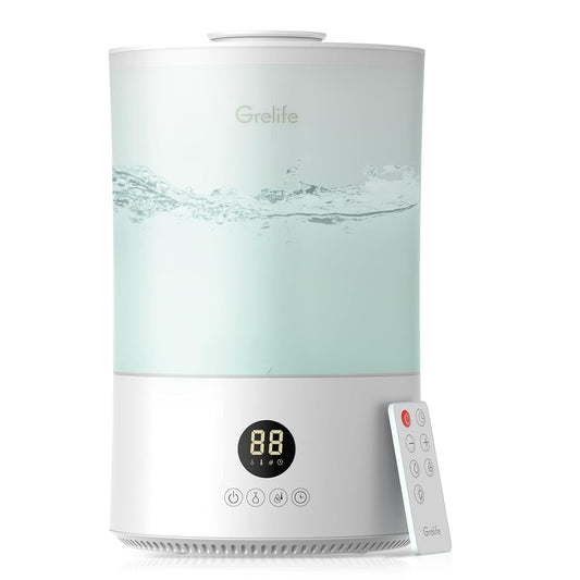 White ultrasonic humidifier with a 4-liter capacity, featuring a quiet operation, auto shut off, night light, and adjustable humidity output. Includes a remote control for convenience and has dimensions of 12.59"D x 7.87"W x 7.87"H.