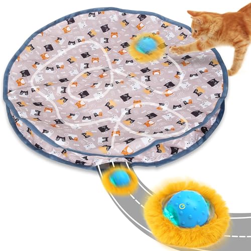 Interactive automatic cat ball toy designed for indoor adult cats, featuring fast rolling motion and chirping sounds to stimulate hunting instincts, resembling a hide and seek mouse catching game in a brown color.