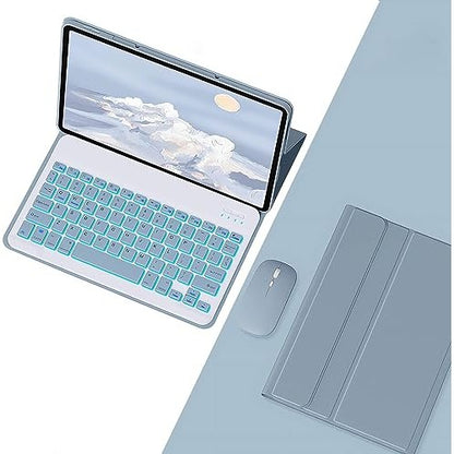 Keyboard case designed for the Xiaomi Redmi Pad Pro 12.1 inch 2024 model featuring a detachable wireless Bluetooth keyboard with seven-color backlighting, an ultra-thin multi-angle stand, and a magnetic case that includes a mouse, all in blue.