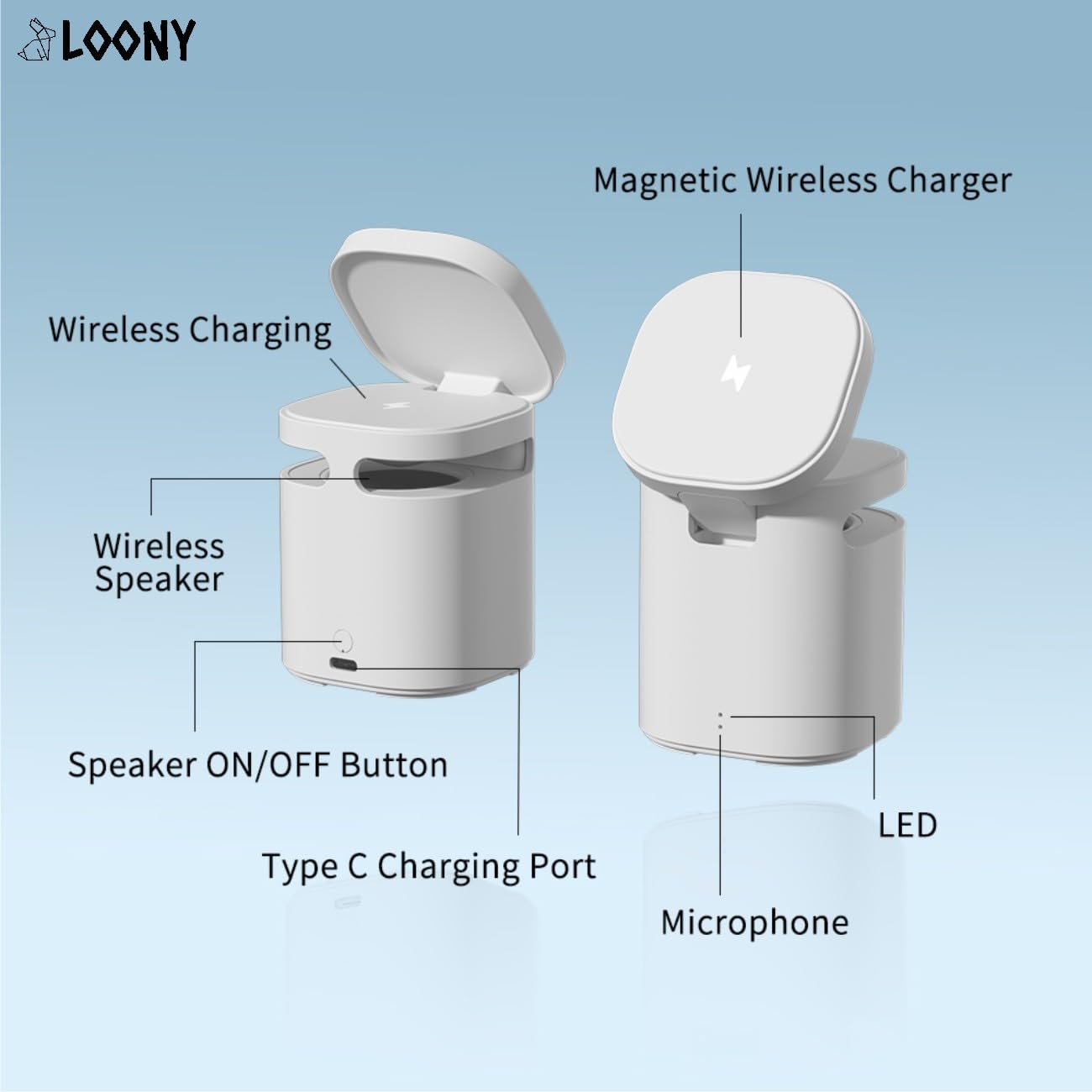 Loony Technologies - Cloner DJ 3In1 Magnetic Wireless Charger + HiFi Speaker (White)