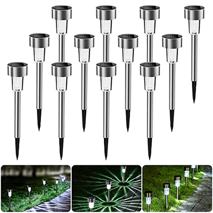 Twelve pack of solar powered LED garden lights made of stainless steel, designed for outdoor use. The lights are waterproof and emit a warm white glow, suitable for illuminating garden paths, yards, and patios.