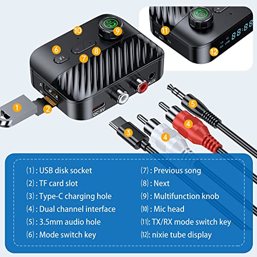 Mueuton Brand - Bluetooth Transmitter and Receiver with Updated TV, Speaker, Stereo System, Wireless Audio, TF Card Slot, Key Controls, High Quality Sound, Wide Range