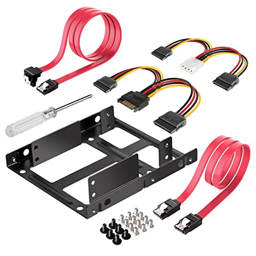 Inateck Dual Bracket HDD Frame for 2.5" Hard Drives, featuring a metal construction, supports SSD and HDD installation in personal computers with included mounting kit, screw driver, power cables, and SATA data cables; designed for fast data transfer rates up to 6 Gbps.