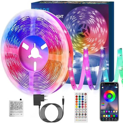 LED strip lights measuring 5 meters featuring Bluetooth connectivity and RGB color changing capabilities, controlled via an app and remote. The lights offer 16 million color options, music synchronization, and dimmable settings, suitable for home decoration in areas like bedrooms, kitchens, and ceilings.