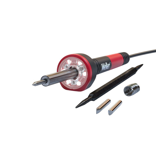 Weller 30W/120V Soldering Iron Kit with LED Halo Ring, showcasing ergonomic design and integrated safety rest for precision soldering tasks.