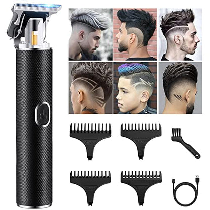 Image of a black corded electric hair trimmer with sharp T-blades, accompanied by four length limiting combs (1/2/3/4 mm), a Type-C charging cable, and a cleaning brush, all arranged on a white background. The trimmer is designed for versatile grooming including haircuts, beard trimming, and body hair grooming.