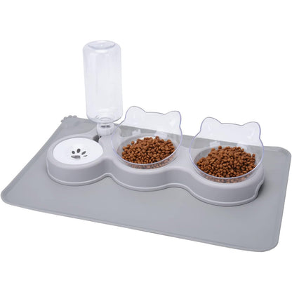 Joeleli - Double Cat Bowls With Water Bottle And Mat