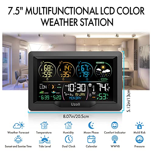 Uzoli - EM3390 7.5" Wireless Weather Station With 3 Sensors And Atomic Clock