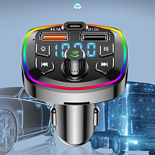 Bluetooth car charger with dual USB ports, PD charging, FM transmitter, and MP3 playback capabilities, designed for hands-free calls, sold as a single unit.