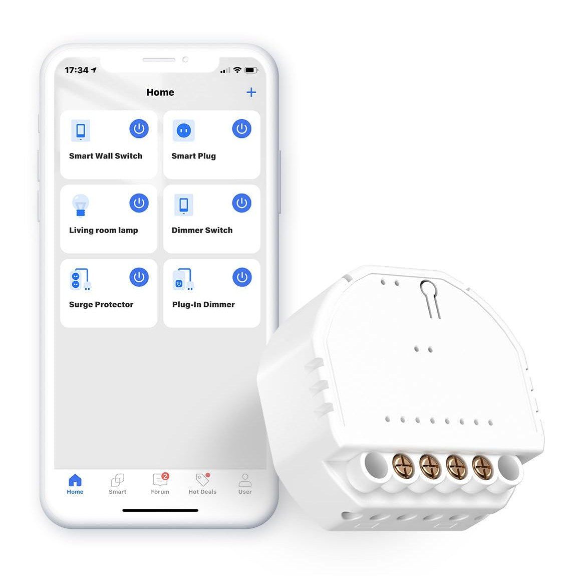 Smart relay module for home automation, featuring a compact design (5 cm x 4.6 cm x 1.9 cm) that fits into standard flush-mounted boxes; supports voice control via Alexa and Google Home, requires neutral wire for installation, and is compatible with various switch types including rocker and toggle switches.