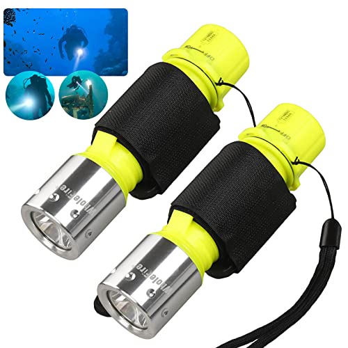 Two waterproof scuba diving torches with a brightness of 1000 lumens each, featuring three modes and rechargeable batteries, designed for underwater use, ideal for swimming, camping, and diving gifts.