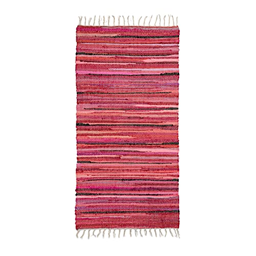 Handwoven colorful red fringed rug in Indian style measuring 70 x 140 cm suitable for hallway or entryway made of polyester and cotton