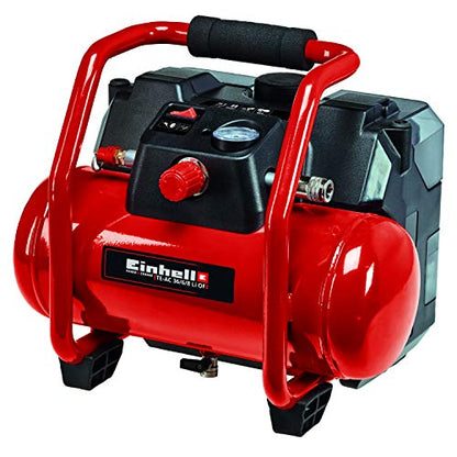 Alt text for an Einhell TE-AC Power X-Change cordless air compressor featuring a compact design with a 1.6-gallon tank and a maximum pressure of 135 PSI, suitable for tire inflation and portable use, without included battery or charger.