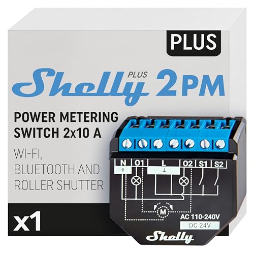 Smart relay switch with WiFi and Bluetooth capabilities featuring two channels, power metering functionality, designed for home automation including roller shutter control, compatible with Alexa and Google Home, and controllable via iOS and Android app.