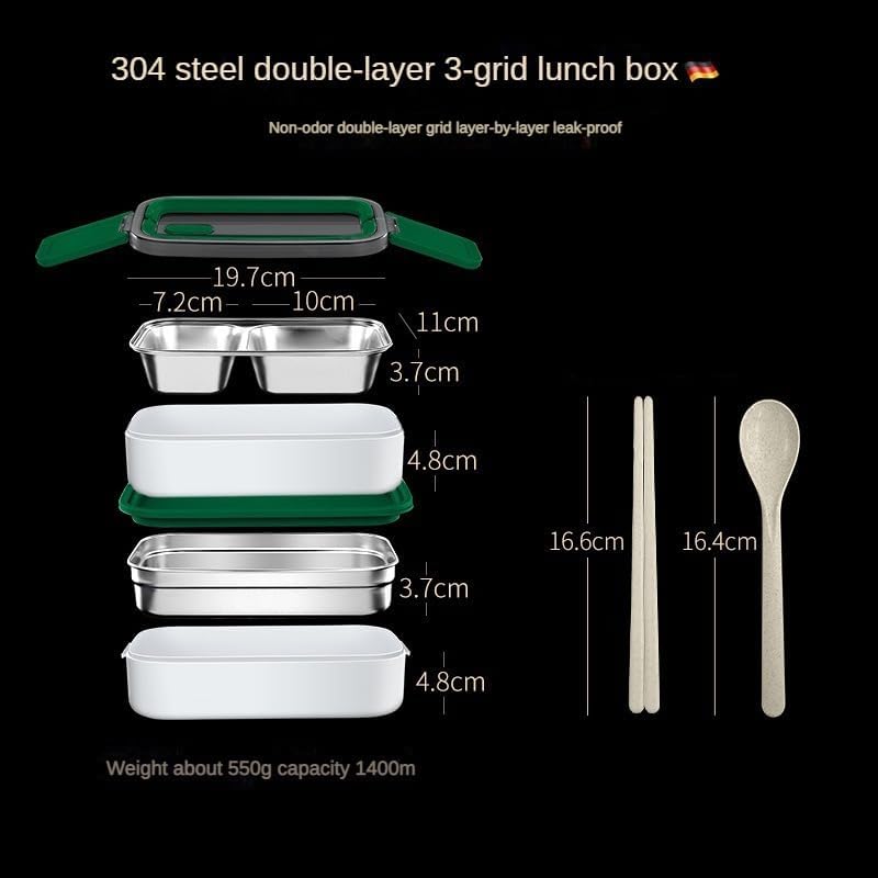 Yaoshunli - Portable Double-Layer Bento Box, 304 Stainless Steel, Leakproof, With Handle (Blue)