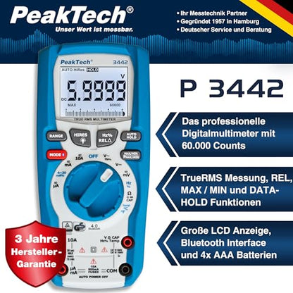 PeakTech - P3442 True RMS Digital Multimeter with Bluetooth & 60,000 Counts