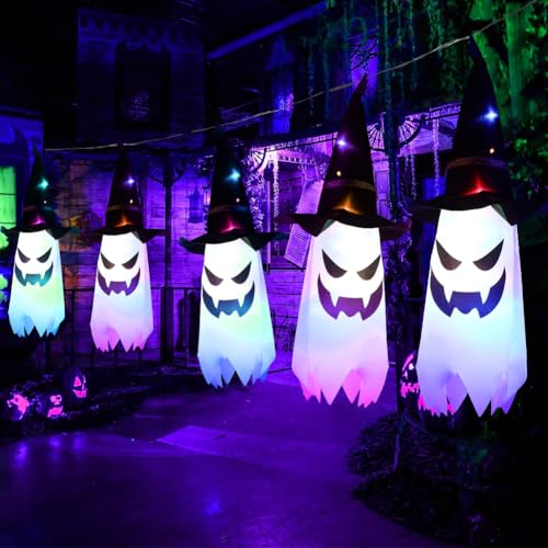 Halloween decoration featuring a ghost windsock flag designed for outdoor gardens, equipped with LED fairy lights and two light modes, perfect for horror-themed parties and enhancing lawn or patio ambiance.