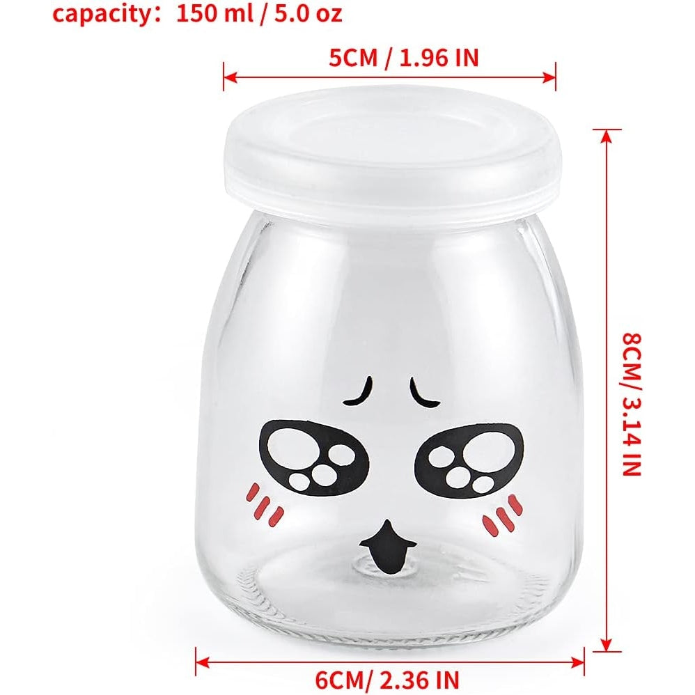 Skelang - 12Pcs Yogurt Bottles 150Ml With Plastic Lid, Cute Emoticon Design