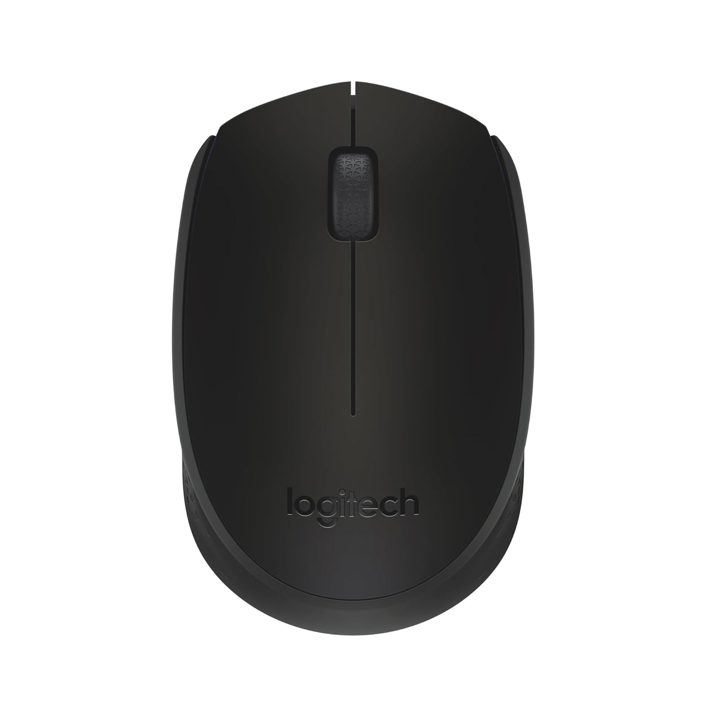 Logitech M170 wireless mouse in black, featuring a compact and ambidextrous design for comfortable use, plug-and-play USB connectivity, long battery life of up to 12 months, and compatibility with multiple operating systems.