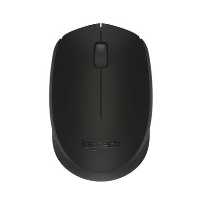 Logitech M170 wireless mouse in black, featuring a compact and ambidextrous design for comfortable use, plug-and-play USB connectivity, long battery life of up to 12 months, and compatibility with multiple operating systems.