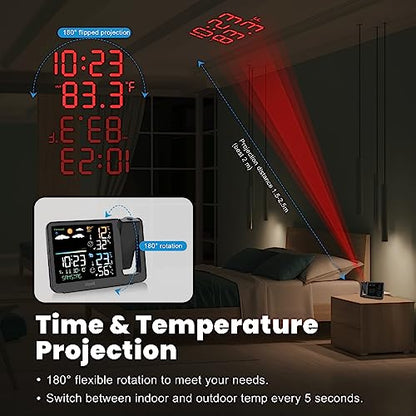 Uzoli - Atomic Projection Alarm Clock with Weather Station, Indoor/Outdoor Temperature, Adjustable Backlight