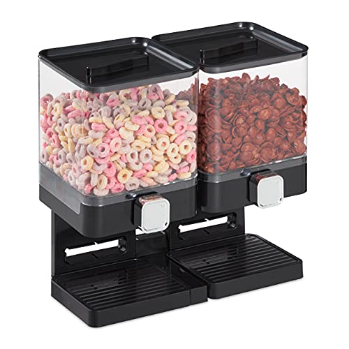 Double cereal dispenser made of black plastic designed for storing cereal, cornflakes, sweets, and snacks, featuring two compartments for easy dispensing.