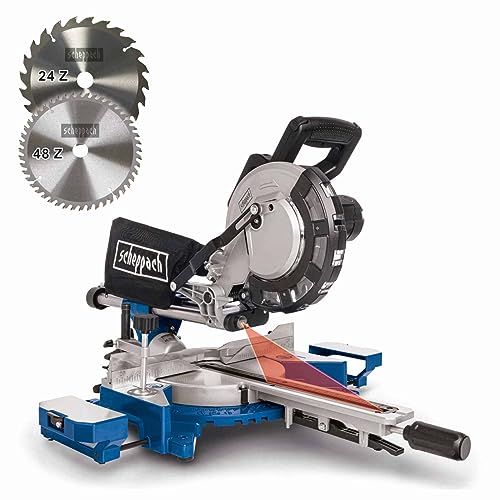 Scheppach HM216 mitre saw featuring a powerful 2000 watt motor, a 216 millimeter diameter saw blade, and a cutting width of 34 centimeters. The saw includes a cutting edge laser and LED for precision, a rotary table with quick lock functionality, and comes with two carbide saw blades.