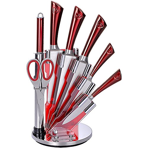 Enhance your kitchen with the Royalty Line 8-Piece Knife Set. Includes cleaver, utility, chef, paring, and bread knives, plus scissors and sharpener. Stylish red acrylic stand. Not dishwasher safe.