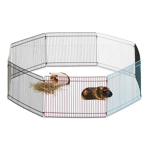 Small animal enclosure with eight panels featuring narrow mesh design suitable for guinea pigs and similar pets, standing 24 centimeters high and available in multiple colors.