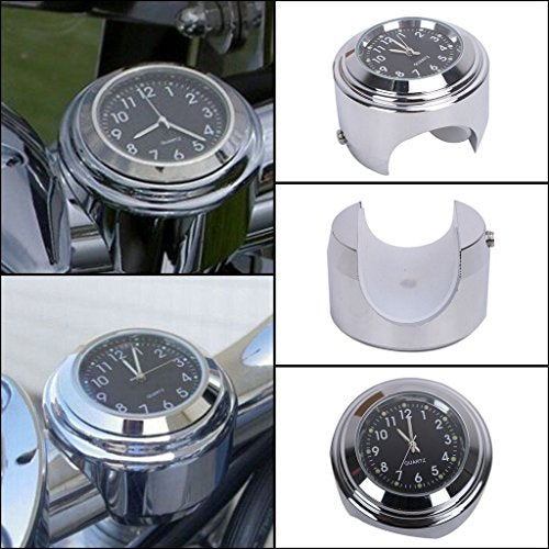 Teswne - Chrome Handlebar Clock for Motorcycles, Black Dial, Fits Yamaha, Suzuki, Kawasaki