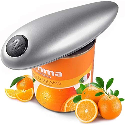 Electric can opener designed for safety with smooth edges, suitable for various can sizes, ideal kitchen gadget for chefs, seniors, and individuals with arthritis, featuring a sleek silver finish.