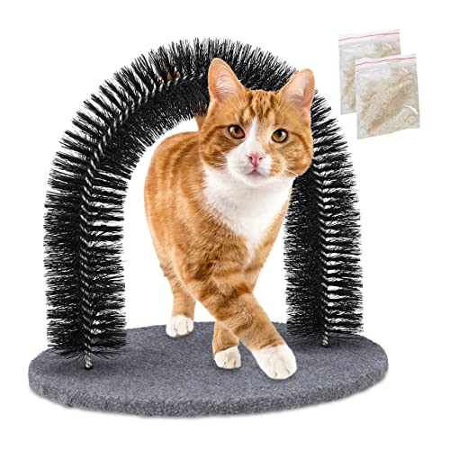 Black cat scratching arch with included catnip and a brush designed for all types of cat hair