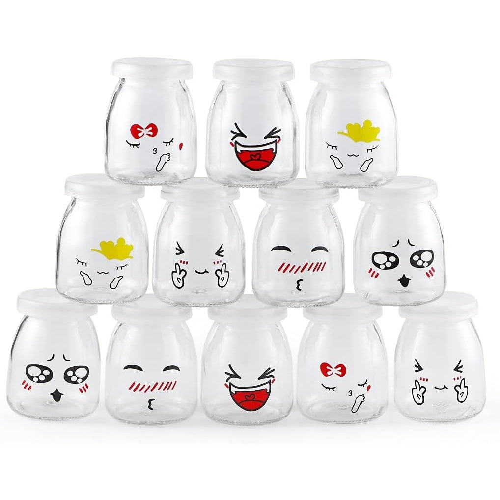 Skelang - 12Pcs Yogurt Bottles 150Ml With Plastic Lid, Cute Emoticon Design