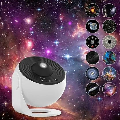 Star projector featuring a sleek white design, capable of 360-degree rotation, includes a timer and comes with 13 HD film discs showcasing various celestial themes, perfect for creating a galaxy ambiance in bedrooms for both kids and adults, ideal for Christmas decor.