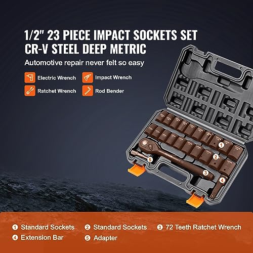 VEVOR - 23 Piece Drive Impact Socket Set, SAE & Metric, Cr-V Alloy Steel